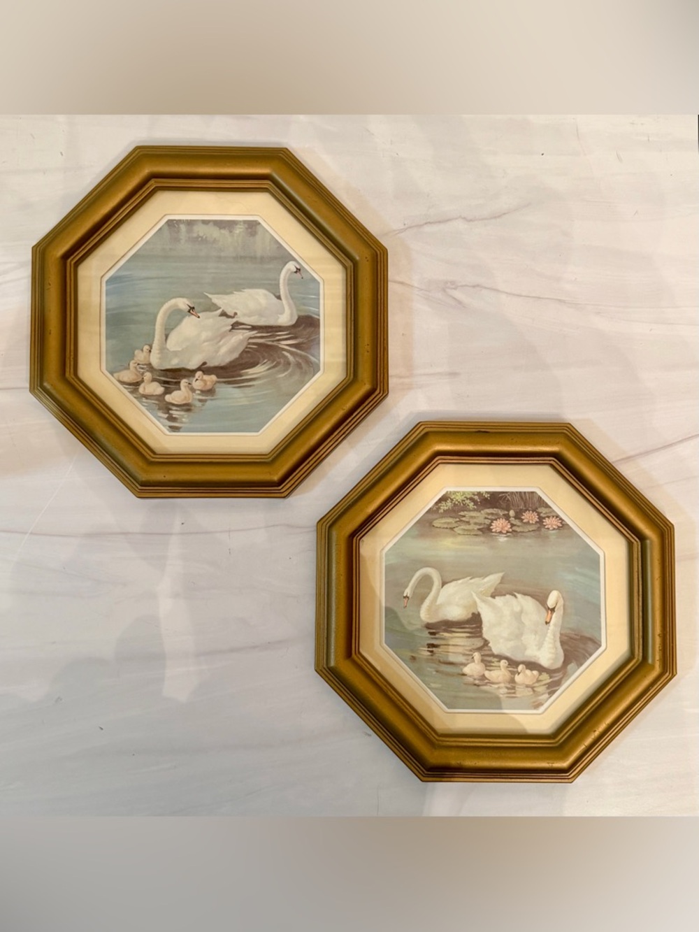 Vintage Homco Gold Octagon Framed Swan Art Set